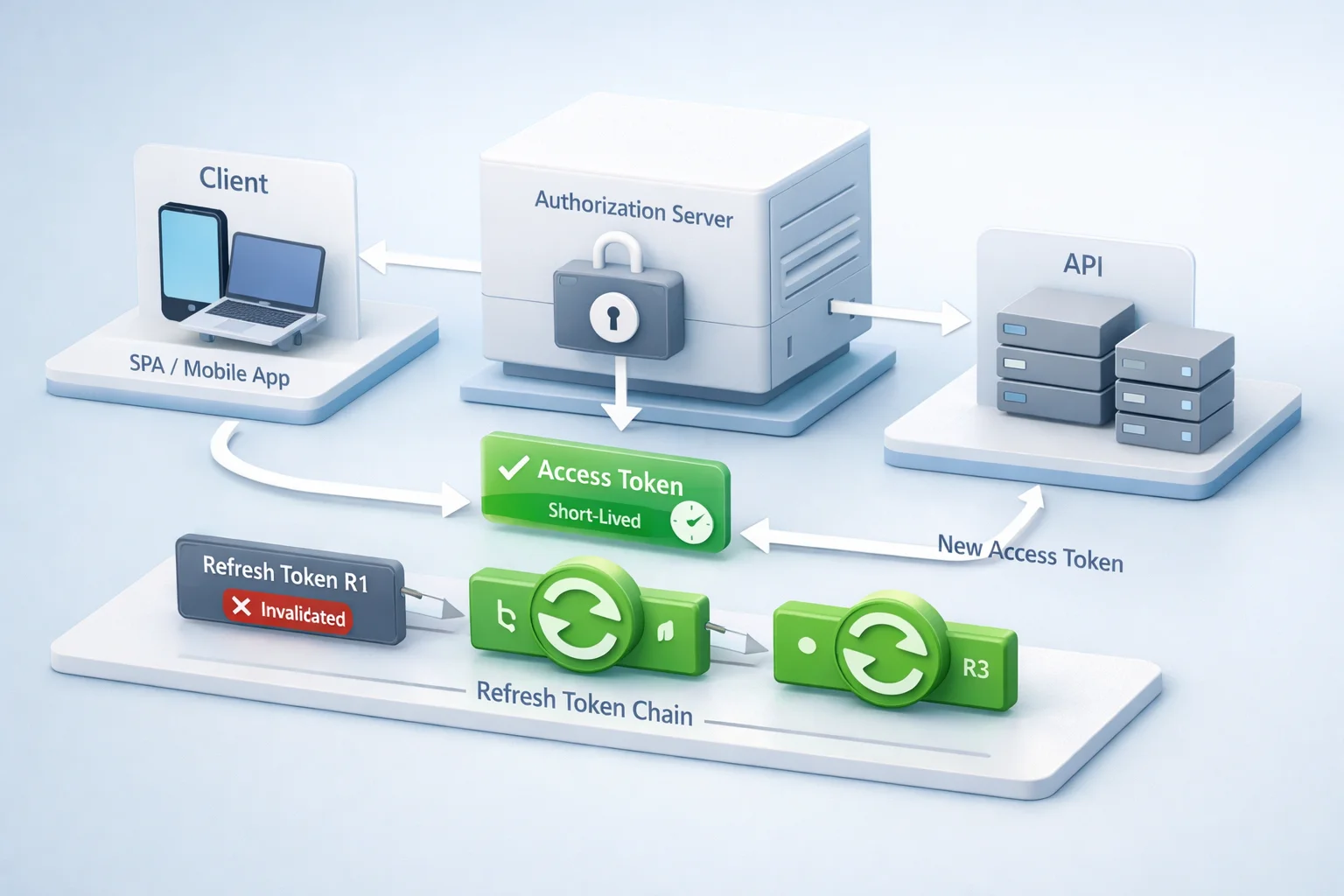 Isometric diagram showing refresh token rotation where each refresh issues a new token and invalidates the previous one within an OAuth authorization flow