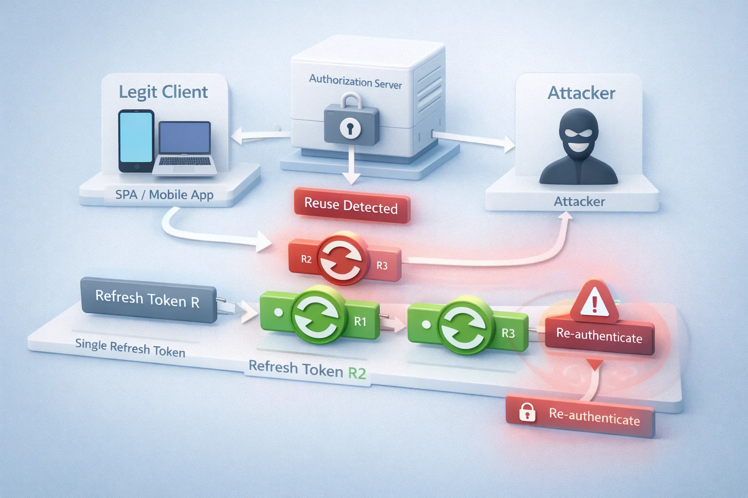 3D flow illustrating refresh token reuse detection where a previously used token triggers family revocation and re-authentication