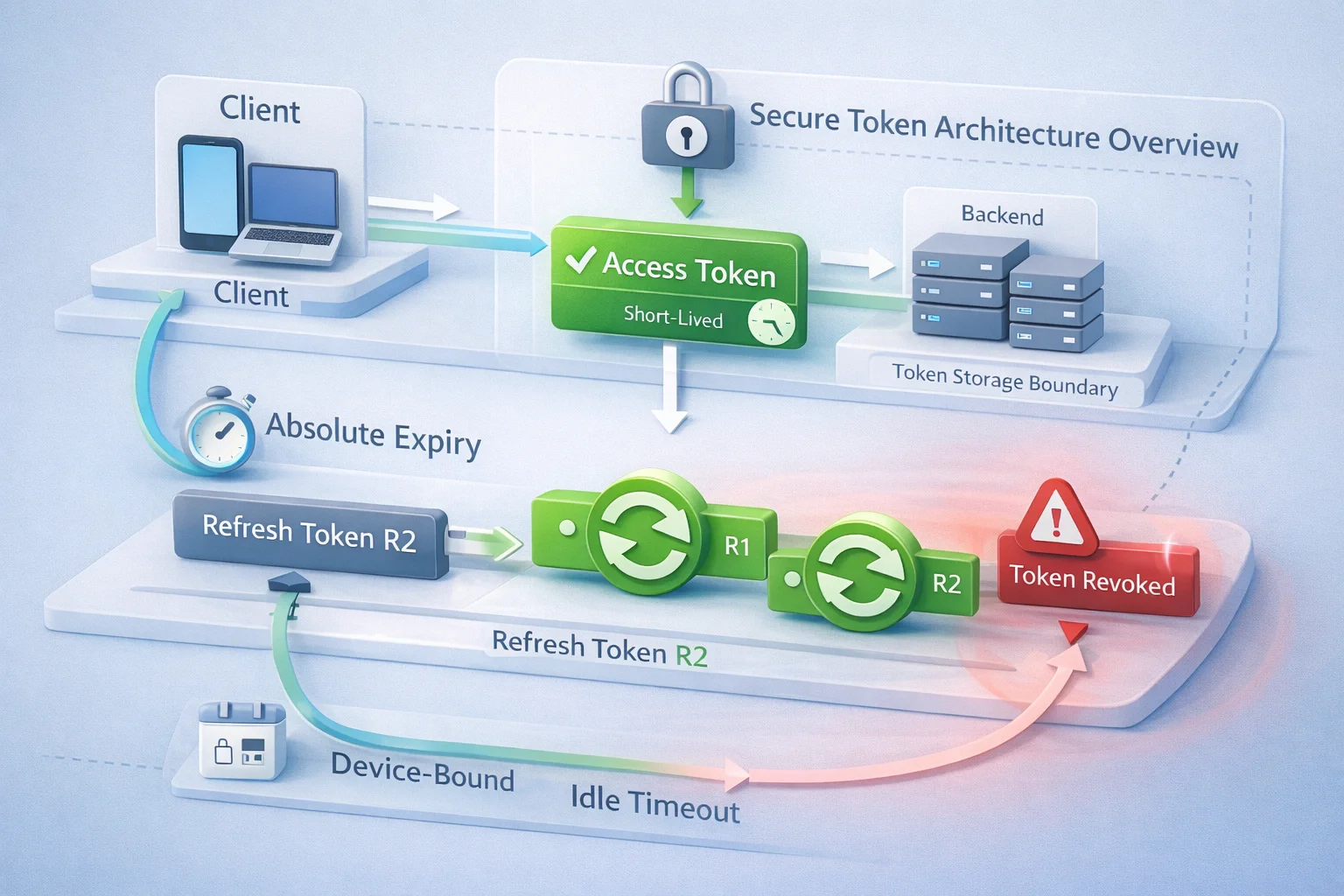 Isometric overview of secure token architecture showing short-lived access tokens, rotating refresh tokens, expiration controls, and token revocation flow