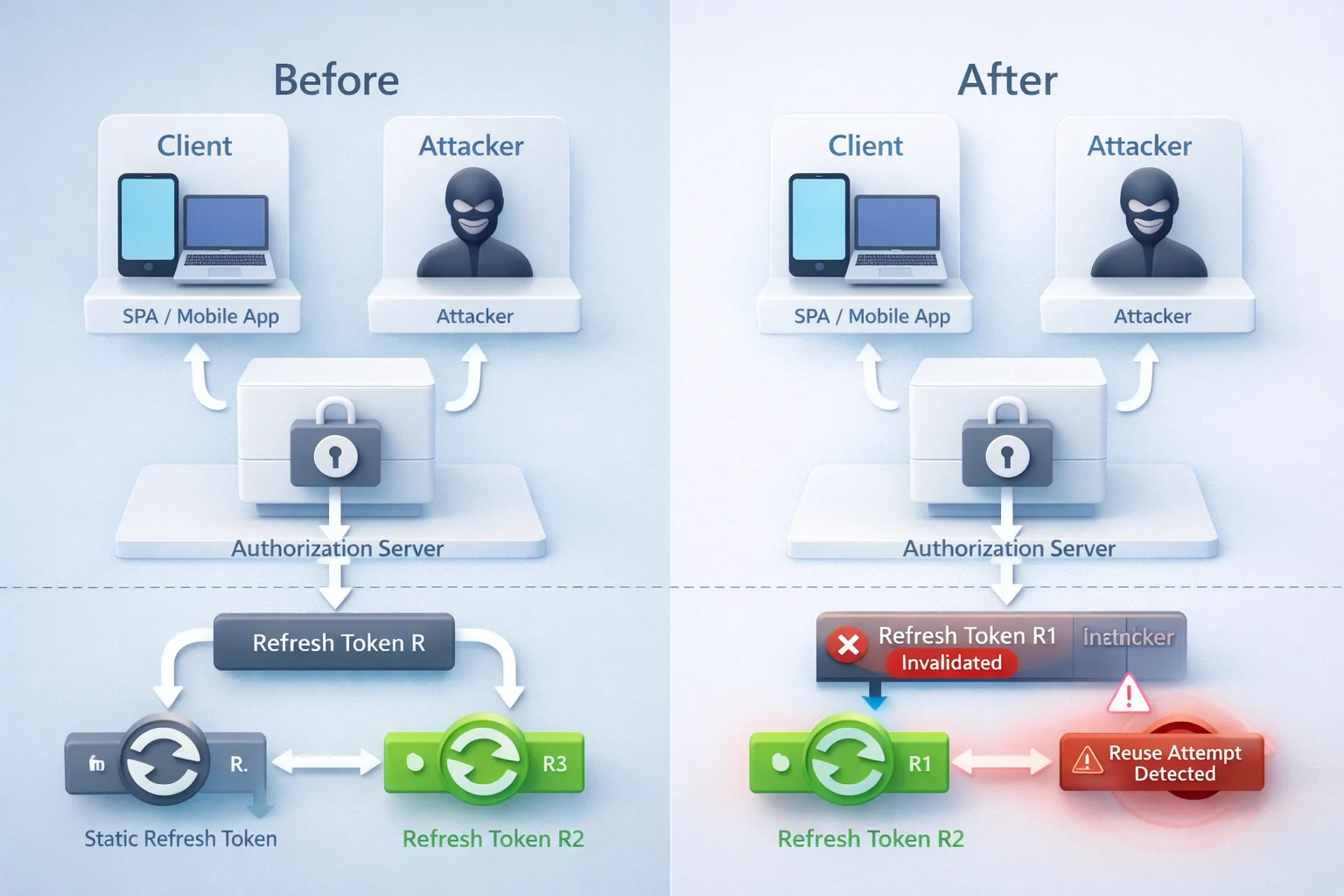 Side-by-side comparison of static refresh token reuse versus secure refresh token rotation with reuse detection and invalidation