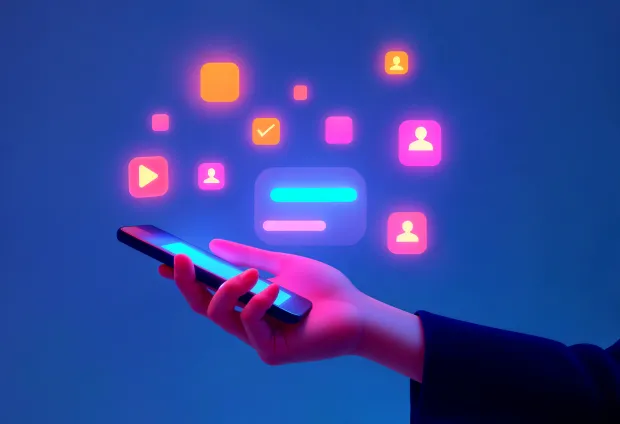 A hand holding a smartphone with glowing neon icons representing login options. Floating symbols include user profiles, chat, and play icons, suggesting social login features.