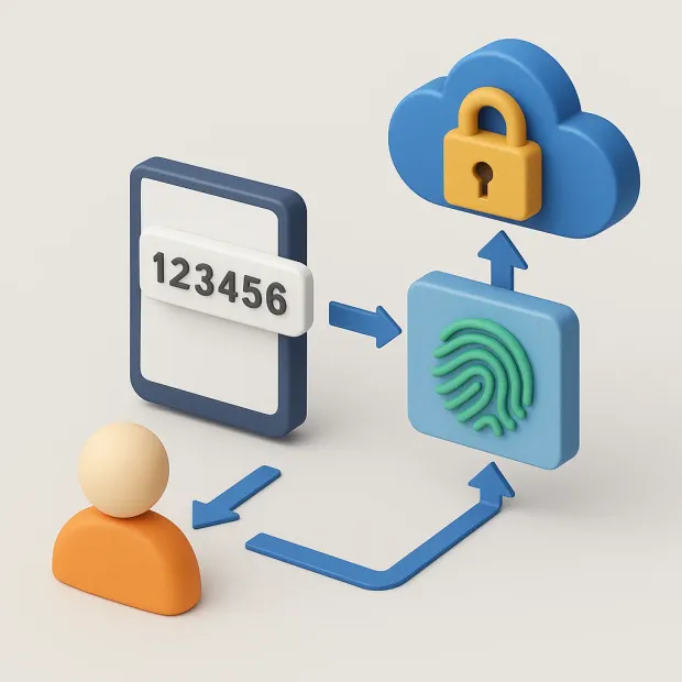 A 3D illustration showing a user verifying identity using a fingerprint scan and a one-time passcode. Arrows connect the user, device, fingerprint icon, and a cloud with a padlock to represent two-factor authentication.