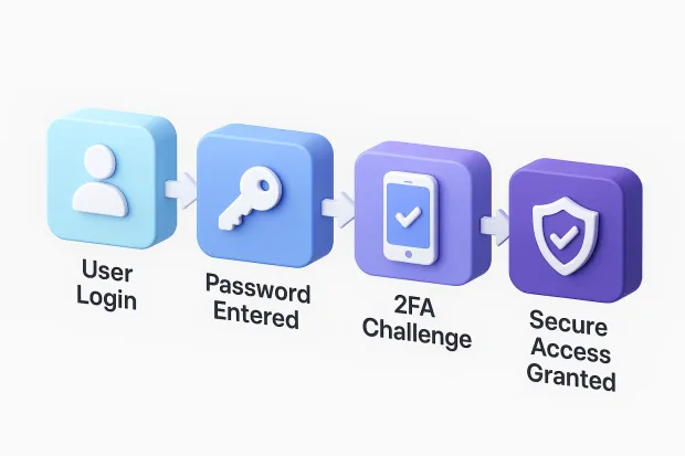A 3D flow diagram showing the steps of secure login: user login, password entry, 2FA challenge, and secure access granted. Each step is represented with icons such as a user, a key, a phone with a checkmark, and a security shield.