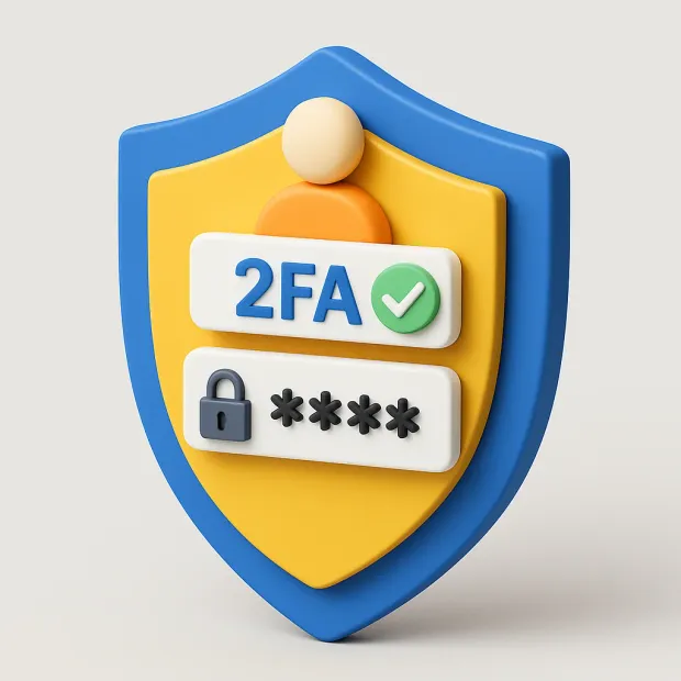 A 3D illustration of a security shield with icons representing two-factor authentication (2FA). Includes a user icon, a 2FA checkmark, a password field with a lock, and a stylized shield background.