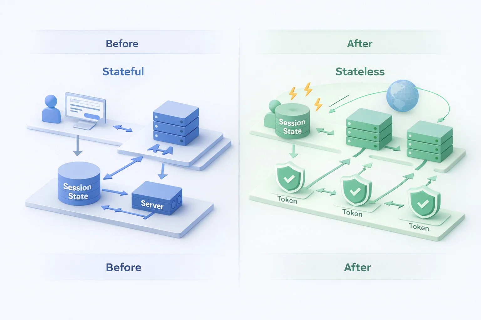 3D illustration showing stateful session architecture before scaling and stateless token validation across multiple distributed servers after scaling
