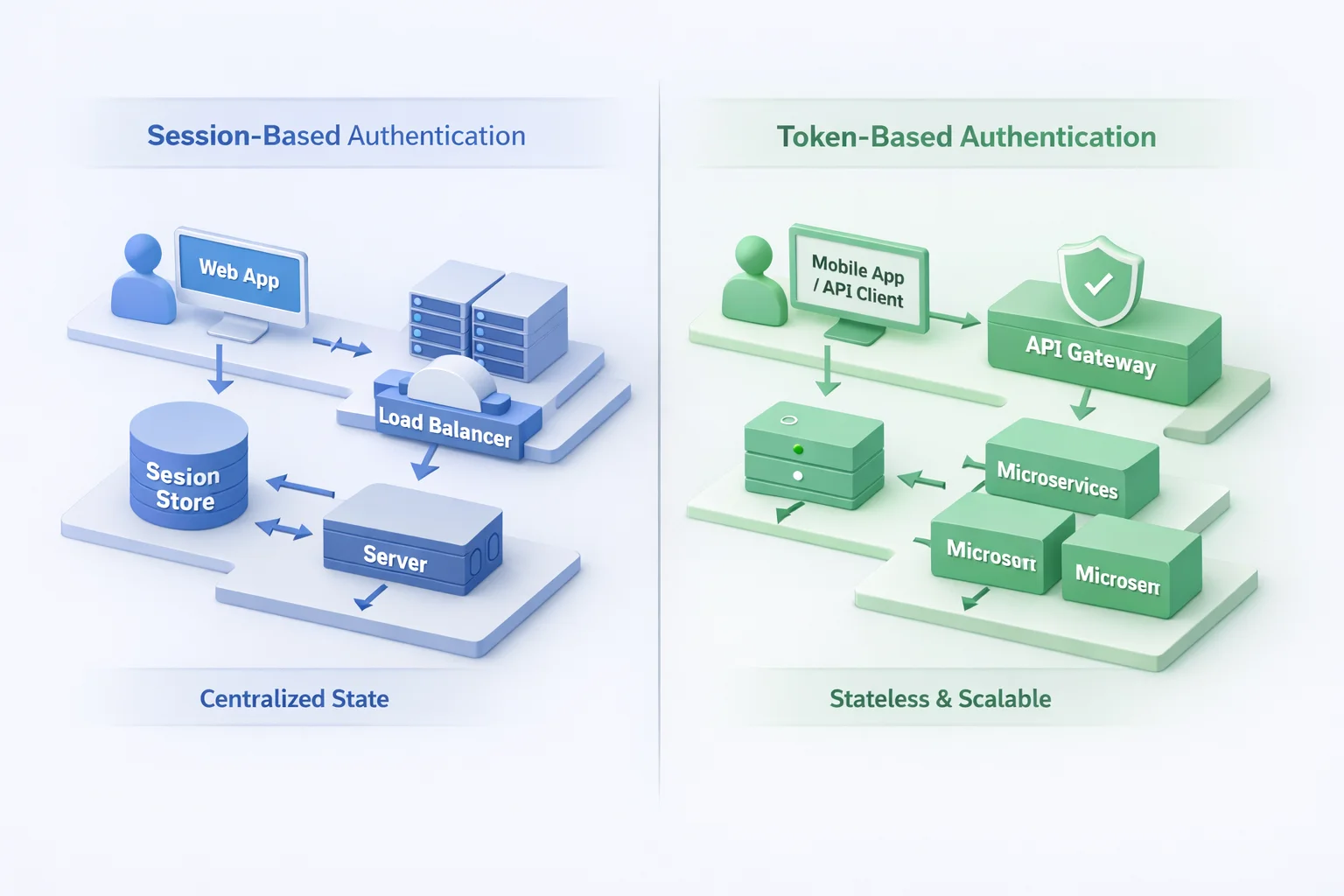 3D visual comparing centralized session store bottleneck under load versus distributed token validation across independent services