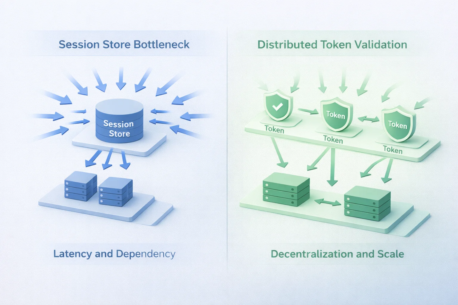 3D comparison of session-based authentication with centralized session store versus token-based authentication using stateless API and microservices validation