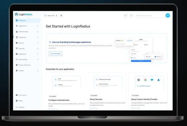 LoginRadius CIAM dashboard showcasing setup options for authentication, security, and identity providers. A modern Auth0 alternative designed for easy integration and customization.