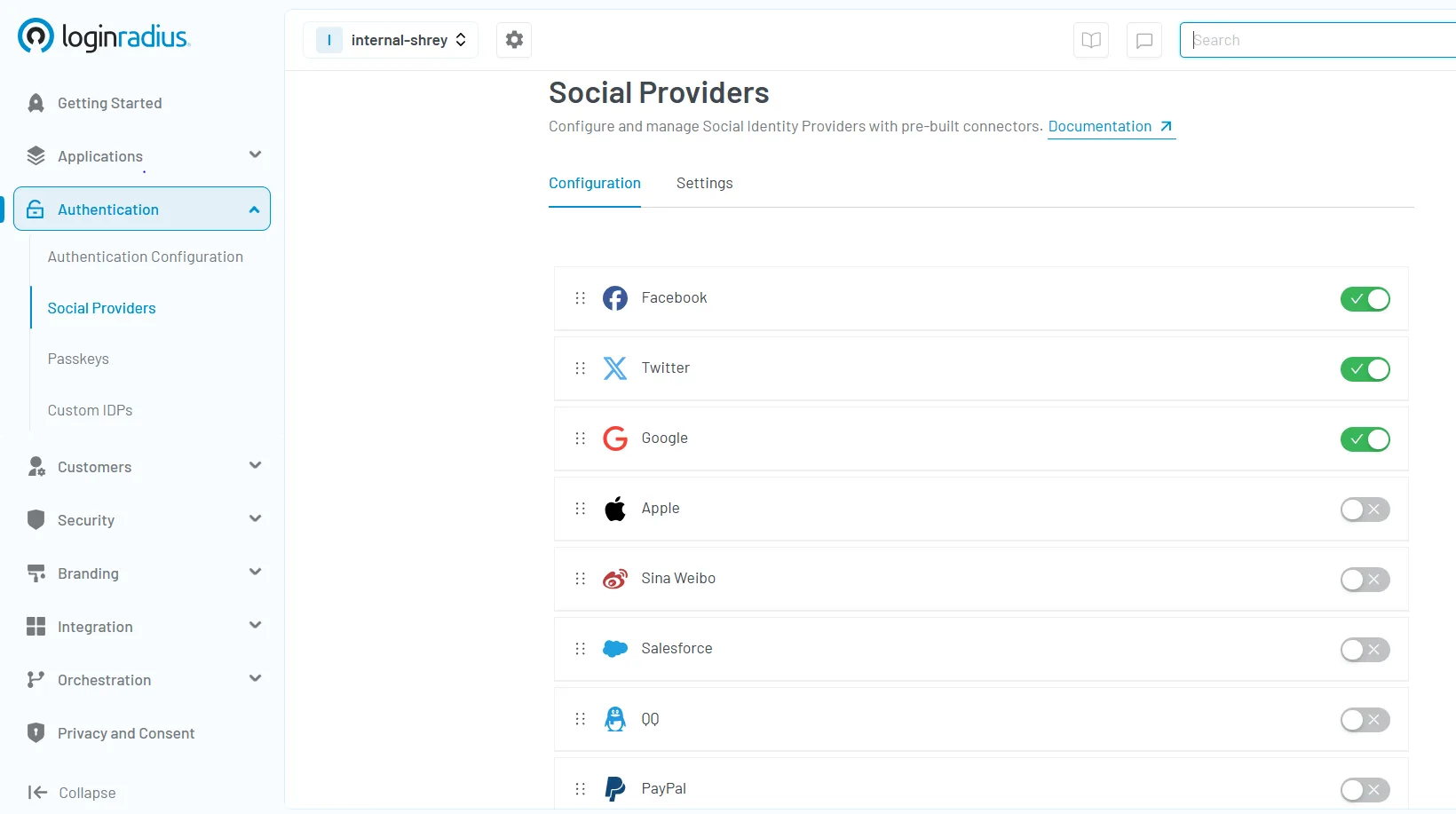 Illustration showing the LoginRadius console showing social providers, including Facebook, Twitter, Google, Apple, Sina Weibo, Salesforce, qq, PayPal configuration