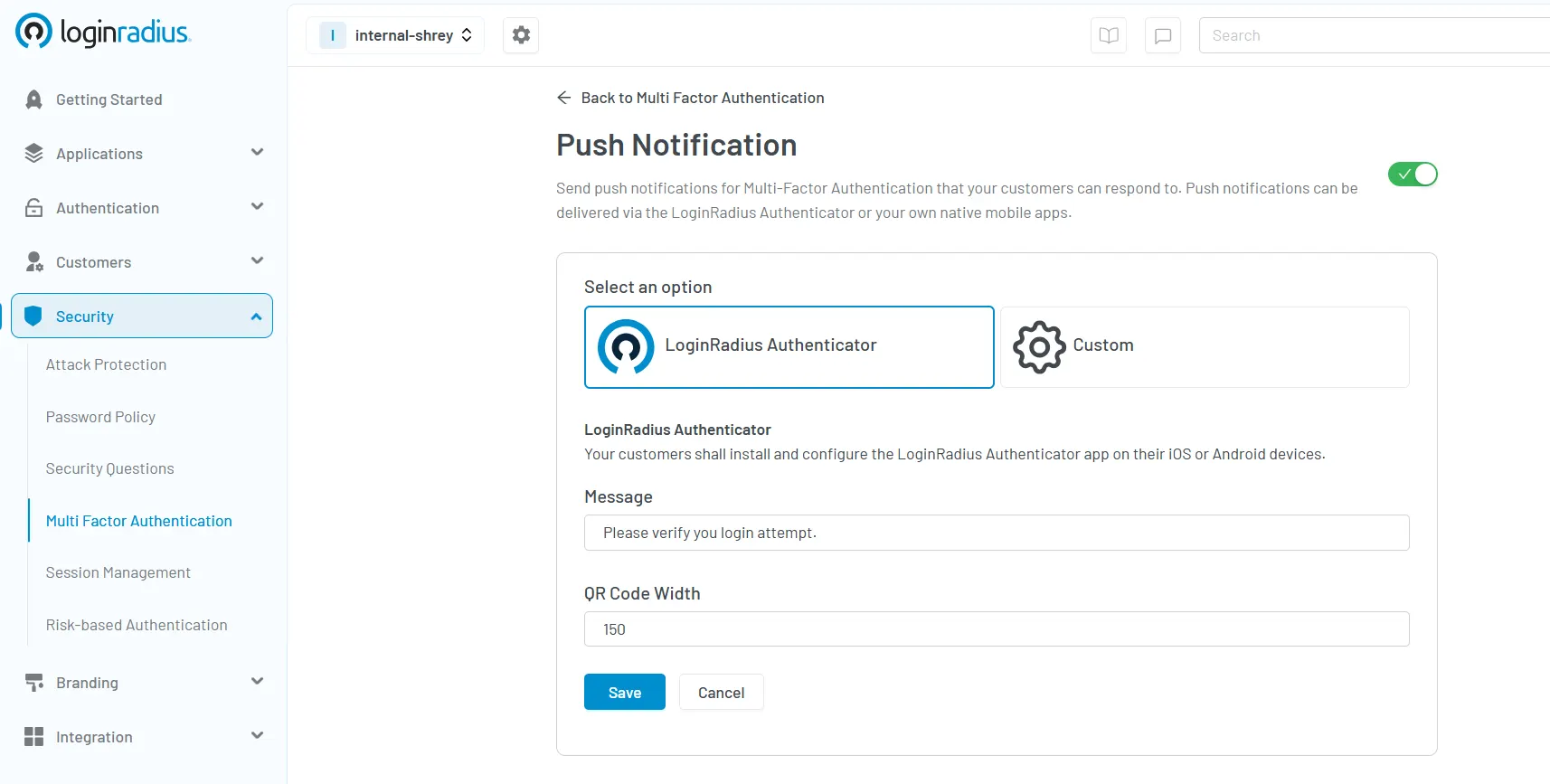 Illustration showing the LoginRadius console showing push notification mfa configuration with LoginRadius authenticator and the custom authenticator option