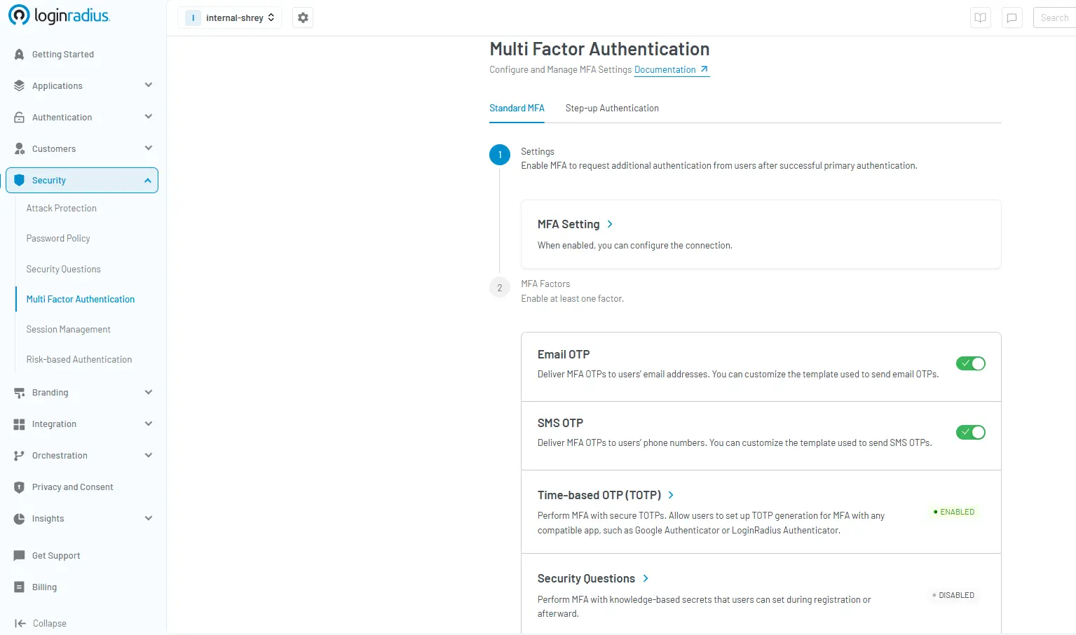 Illustration showing the LoginRadius console showing multi-factor authentication settings with mfa factors options, including email otp, sms otp, time-based otp (TOTP), and security questions configuration.