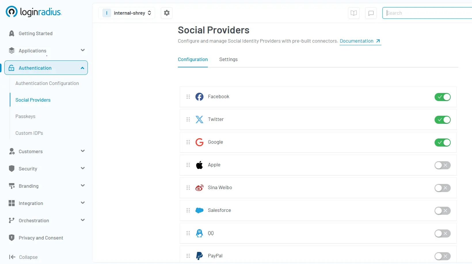 Illustration showing the LoginRadius console showing social providers, including Facebook, Twitter, Google, Apple, Sina Weibo, Salesforce, qq, PayPal configuration.