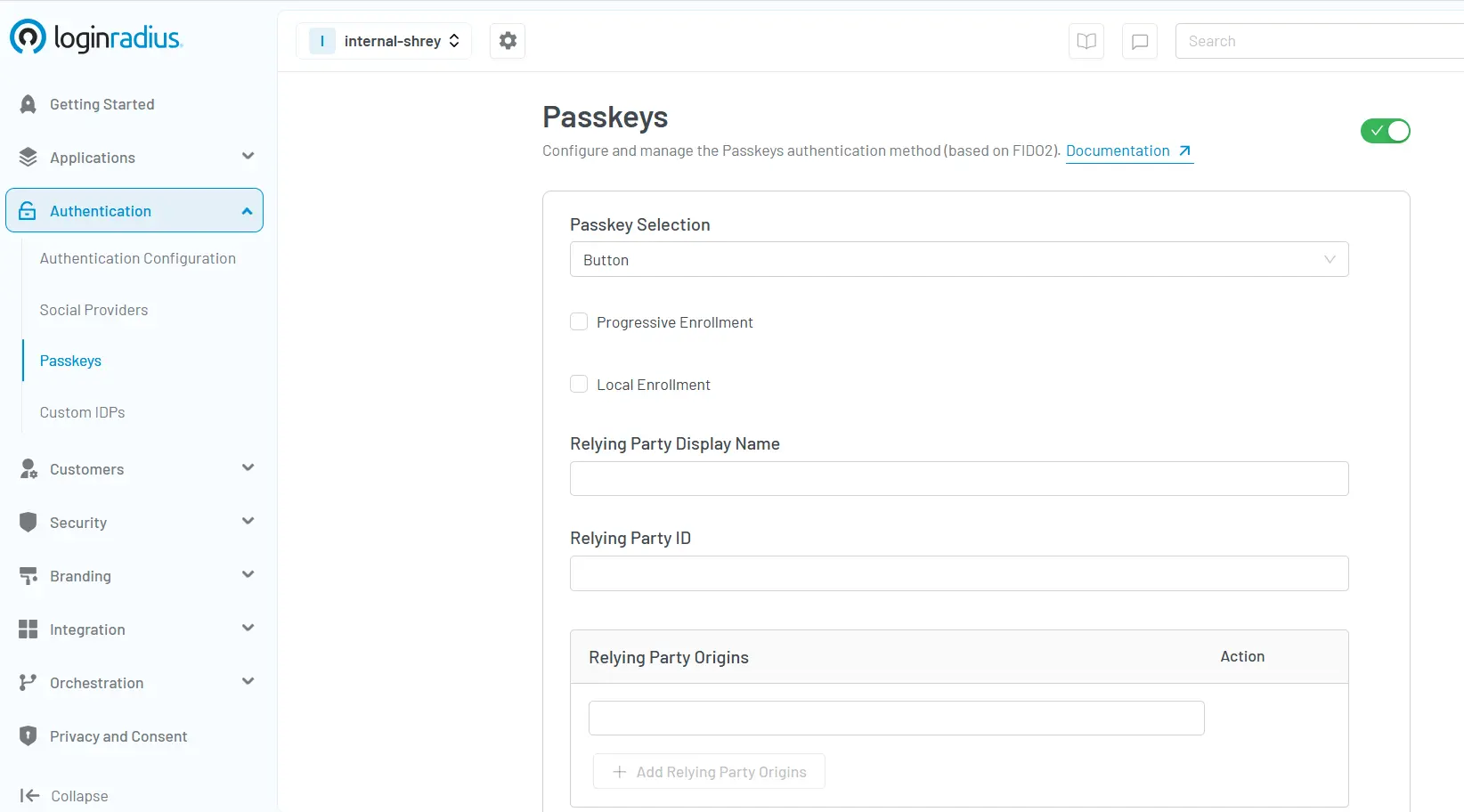 Illustration showing the LoginRadius console showing passkeys configuration with passkey selection, progressive enrollment, and local enrollment, along with relying party configuration.