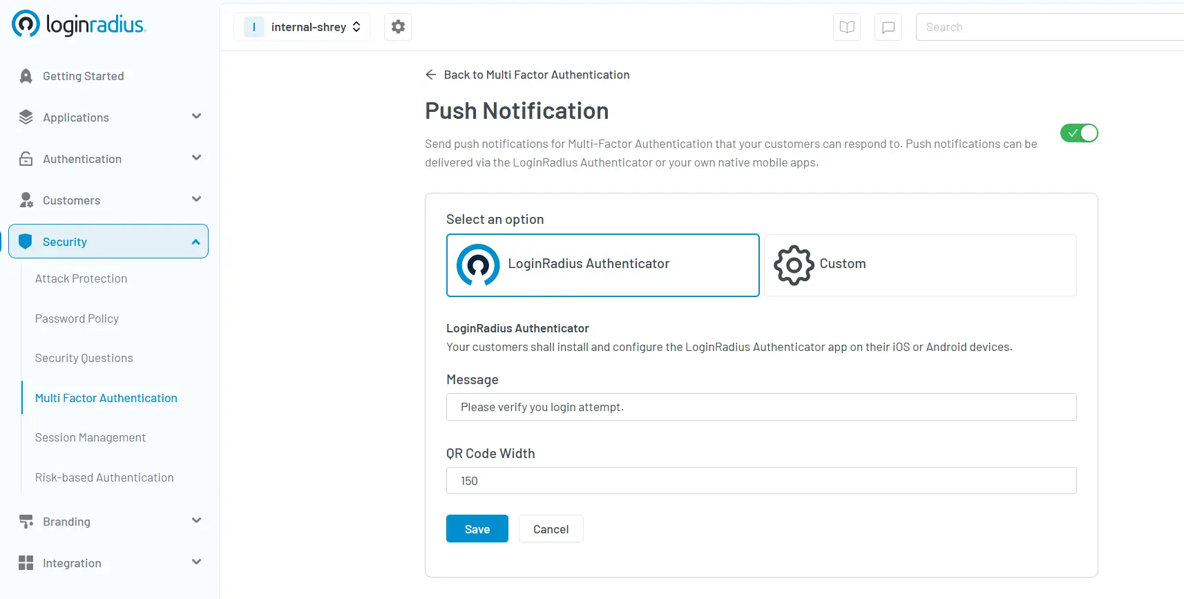 Illustration showing the LoginRadius console showing push notification mfa configuration with LoginRadius authenticator and the custom authenticator option.