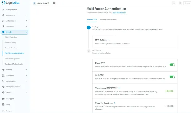 Illustration showing LoginRadius console showing multi factor authentication settings with mfa factors options, including email otp, sms otp, time-based otp (totp), and security questions configuration.