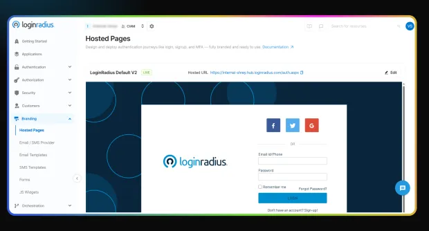 LoginRadius dashboard showing hosted pages setup for login, signup, and MFA. Preview of a customizable login page with social login options.