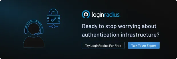 LoginRadius banner with text: 'Ready to stop worrying about authentication infrastructure? Includes call-to-action buttons: 'Try LoginRadius For Free' and 'Talk To An Expert,' alongside a headset support icon.