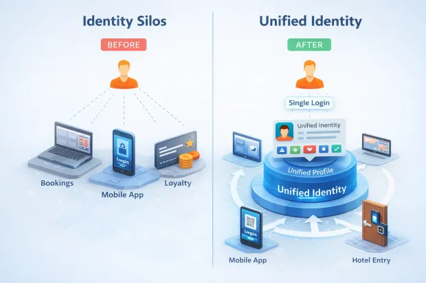 3D before-and-after diagram comparing fragmented identity silos with a unified identity enabling single login across travel services