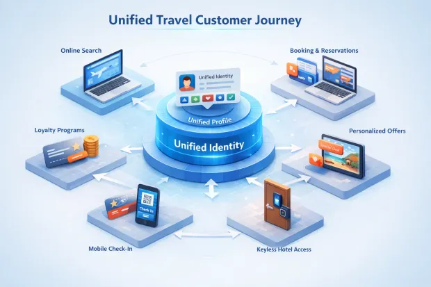 3D diagram showing a unified travel customer journey where a single identity connects search, booking, loyalty, mobile check-in, and hotel access