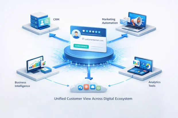 3D unified customer view diagram showing a single customer identity shared across CRM, marketing automation, analytics, and business intelligence platforms.