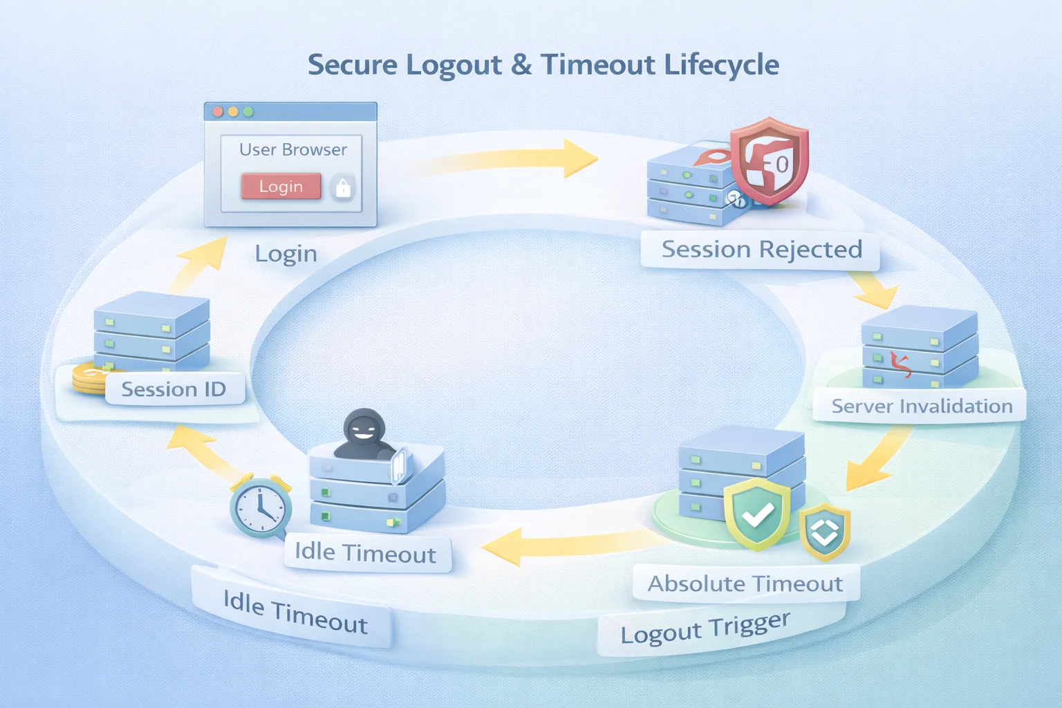 3D lifecycle diagram showing login, active session, idle timeout, absolute timeout, logout trigger, and server-side session invalidation in secure session management