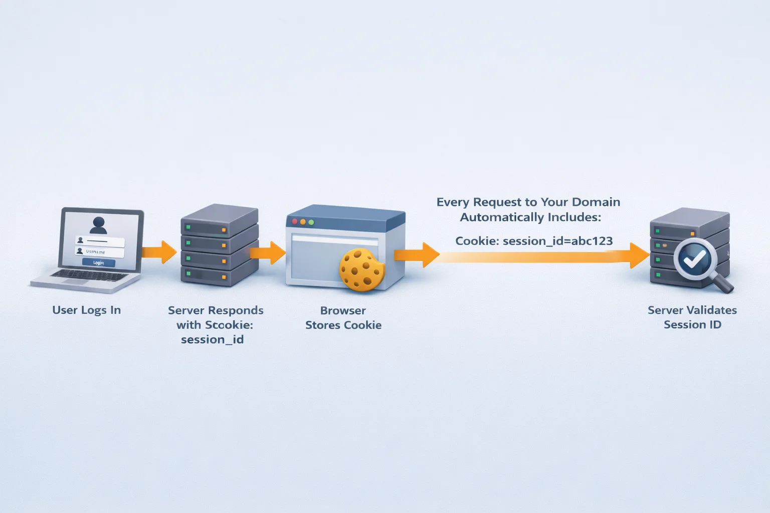 3D isometric diagram showing secure session timeout lifecycle with login, active session, idle timeout expiration, absolute timeout enforcement, and forced re-authentication flow