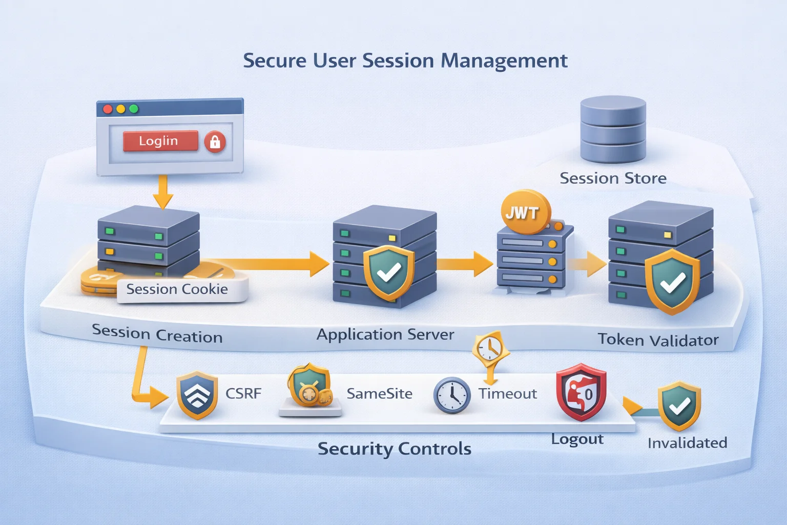 3D isometric diagram showing secure user session management lifecycle, including session cookies, CSRF protection, SameSite, timeout policies, and server-side logout validation