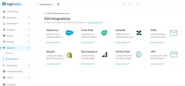 Illustration showing loginradius console with SSO integrations, including salesforce, fresh desk, zendesk, saml, shopify, big commerce, perfect mind, and jwt.