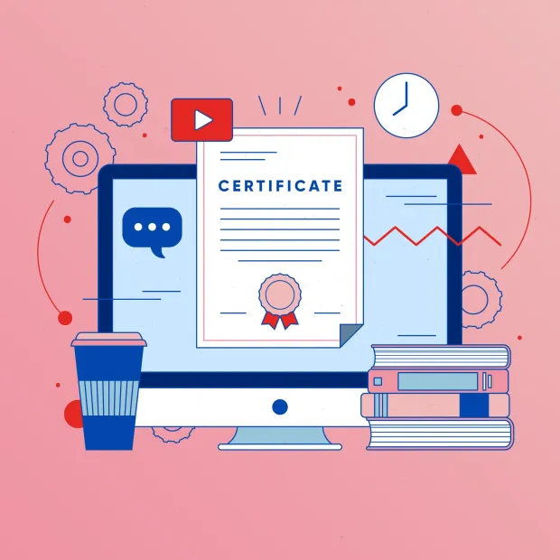 A digital certificate appears on a computer screen, surrounded by icons for learning tools and time. Books, gears, and a coffee cup highlight the theme of online education and productivity.