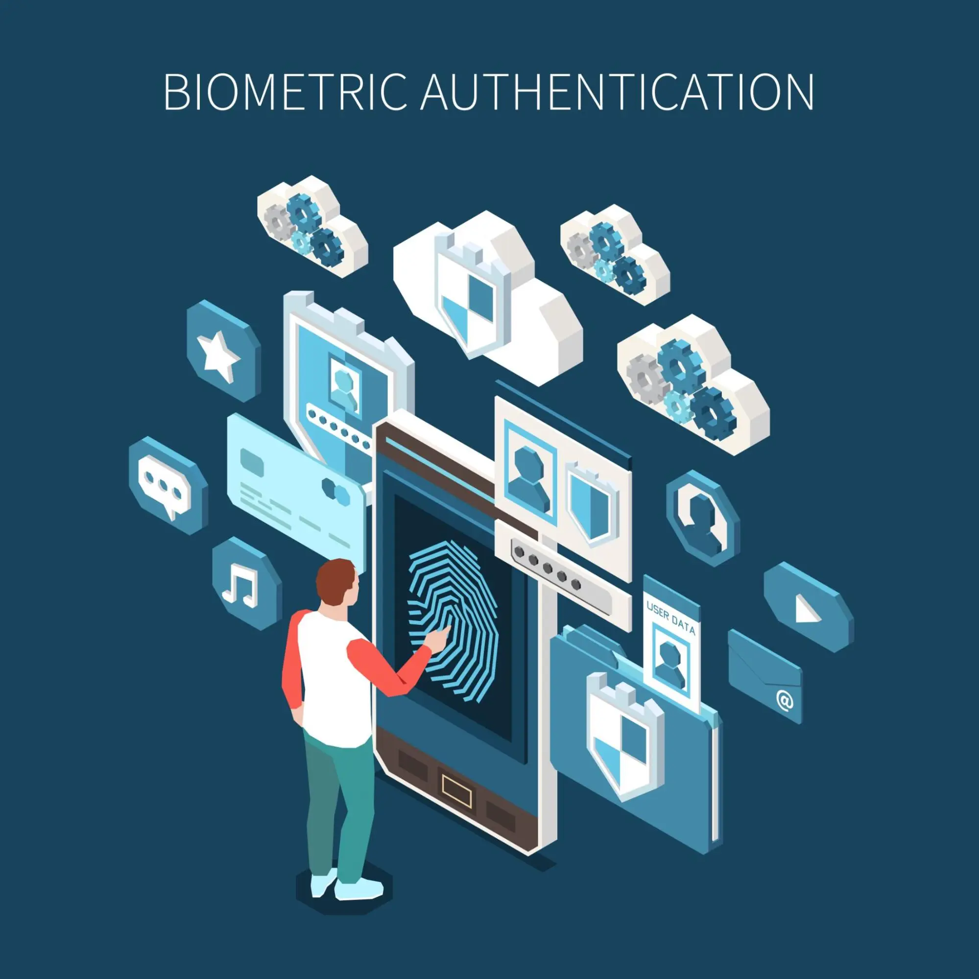 Illustration of a person using fingerprint authentication on a smartphone, surrounded by digital security icons, user data, and cloud storage elements
