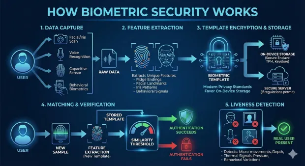 Diagram illustrating how biometric security works, from data capture and feature extraction to encrypted template storage. Shows matching, authentication outcomes, and liveness detection to confirm a real user is present