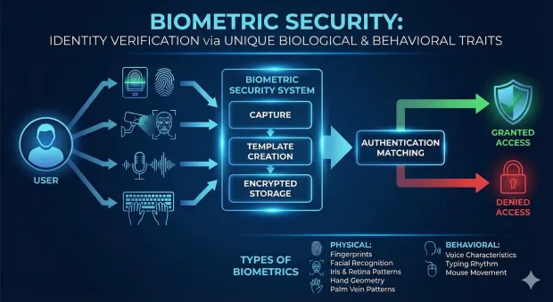 Biometric security diagram showing how physical and behavioral traits are captured, converted into encrypted templates, and matched for authentication. Illustrates access outcomes—granted or denied—based on fingerprint, facial, voice, and behavioral biometrics
