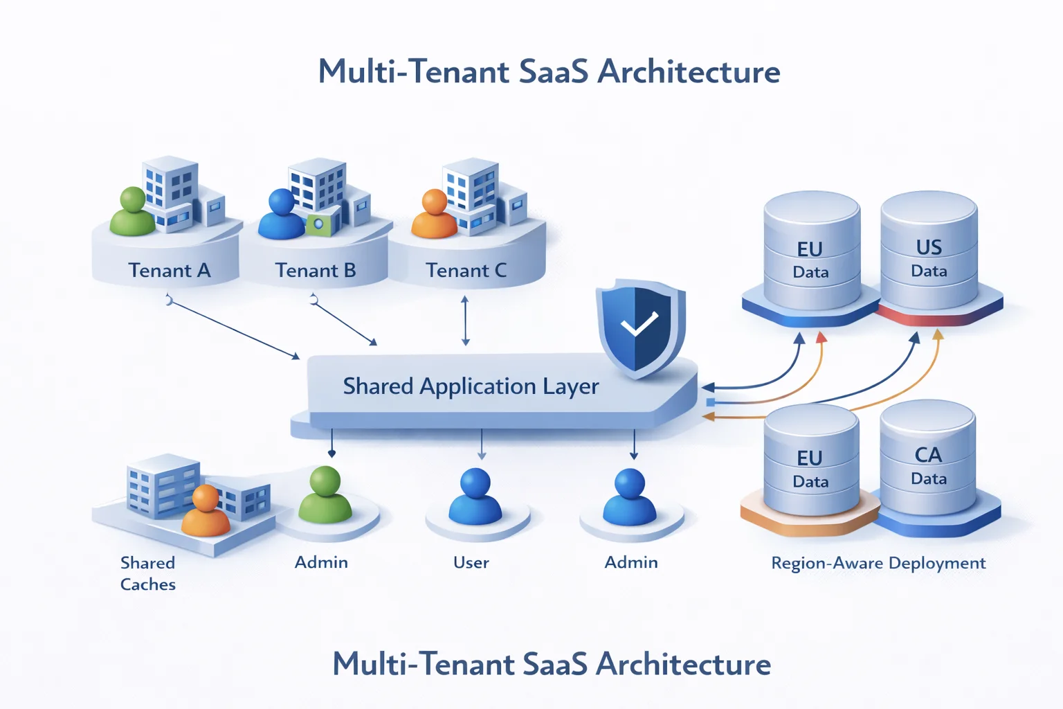 3D multi-tenant SaaS architecture blueprint showing multiple tenants connected to shared application layer with centralized authorization and region-aware data storage
