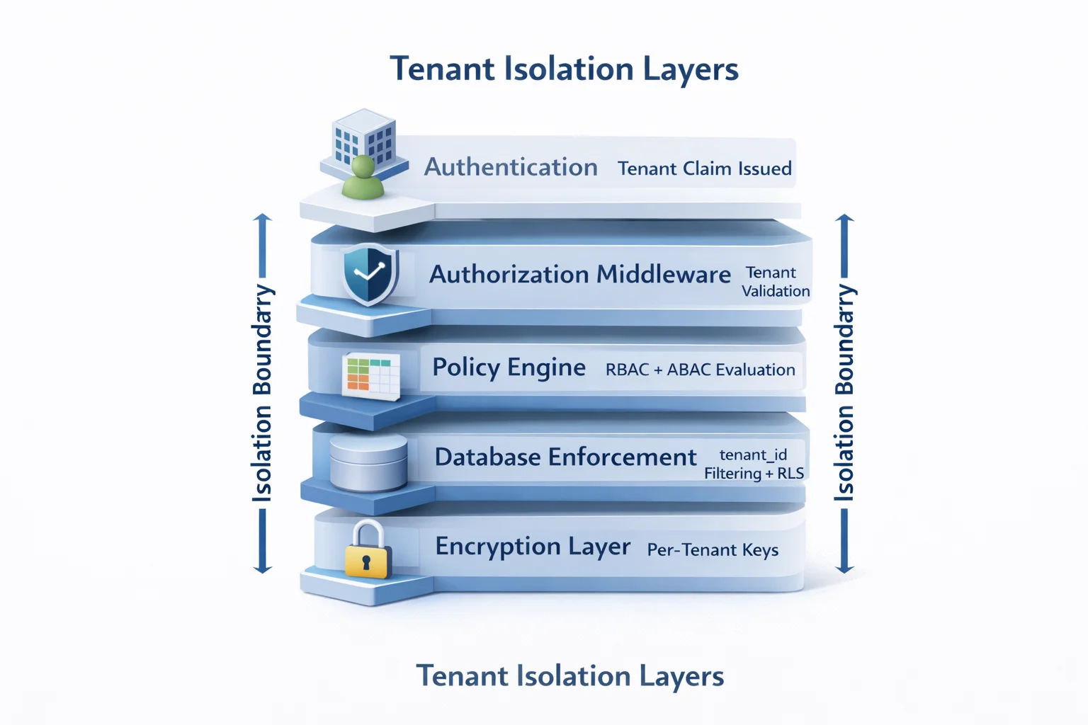 3D flow diagram illustrating cross-tenant data leak causes, including missing tenant filtering, global admin role, shared cache keys, and manipulated requests