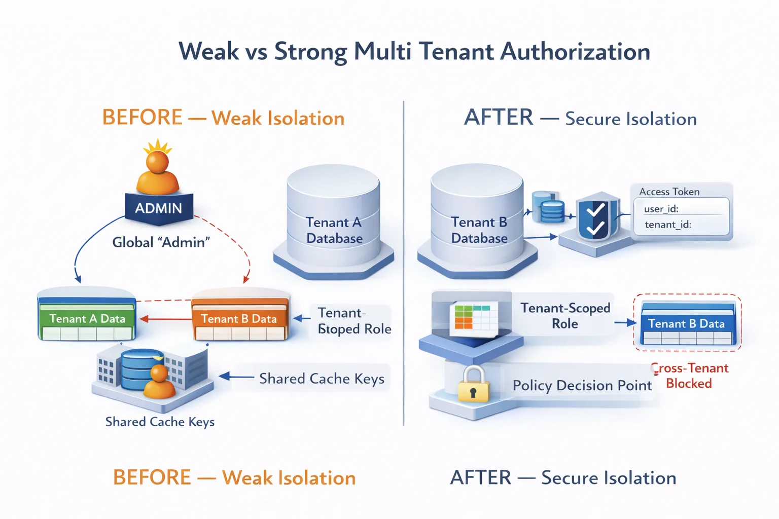 3D tenant-scoped authorization flow showing authentication, tenant claim in token, middleware validation, policy engine, and row-level security enforcement