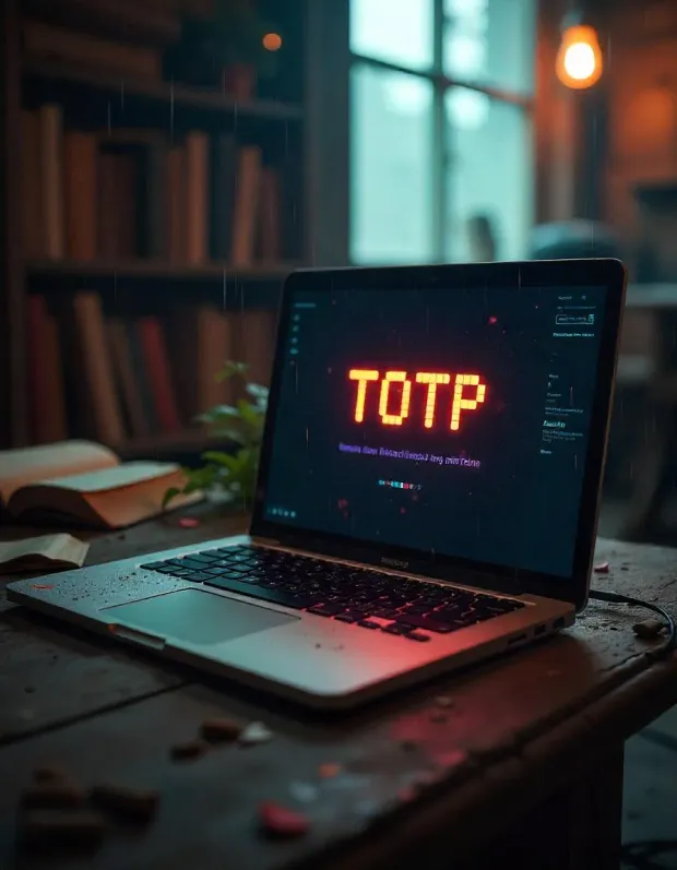 Laptop displaying "TOTP" on screen, representing time-based one-time password authentication in a cozy, book-filled workspace.