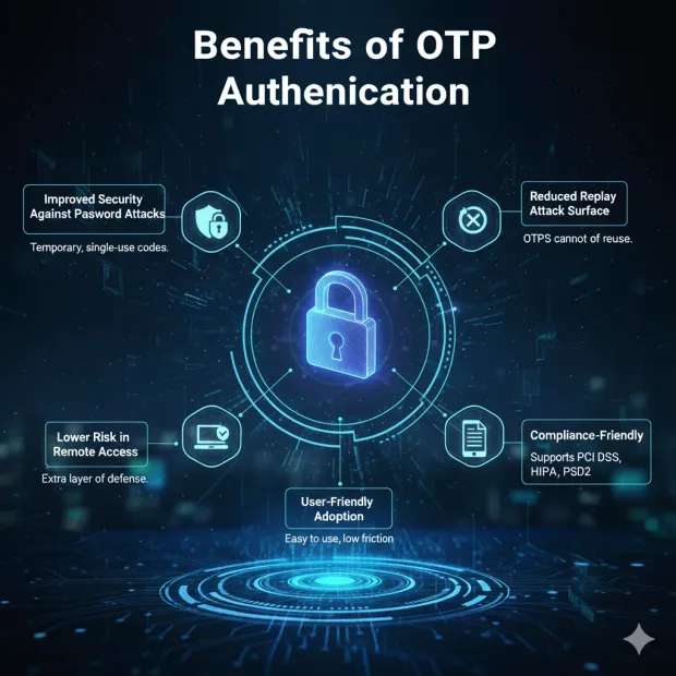 Illustration highlighting the benefits of OTP authentication with a central lock and connected security icons. Key benefits shown include improved security, reduced replay attacks, user-friendly access, remote safety, and compliance support