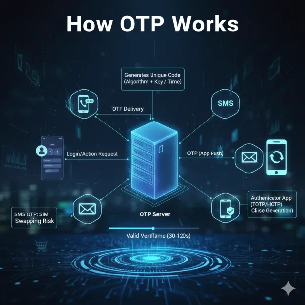 Diagram showing how OTP works, with a central server generating a time-based code after a login request. The OTP is delivered via SMS, email, or an authenticator app and verified within a short time window