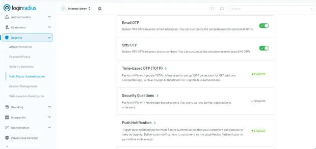 Screenshot of the LoginRadius admin dashboard showing Multi-Factor Authentication settings under Security. Options displayed include Email OTP, SMS OTP, Time-based OTP (TOTP), security questions, and push notifications with enabled/disabled statuses.