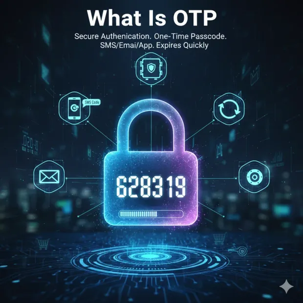Digital illustration explaining OTP (One-Time Password) with a glowing lock and a temporary numeric code at the center. Icons around the lock show SMS, email, app authentication, security, and quick expiration concepts