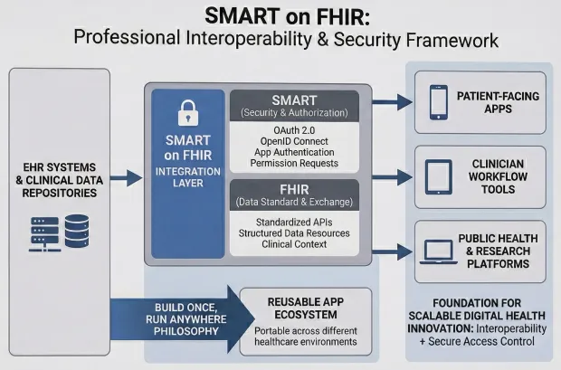 SMART on FHIR interoperability diagram linking EHR systems through a SMART on FHIR integration layer. Shows secure APIs enabling reusable apps for patients, clinicians, and public health/research platforms.