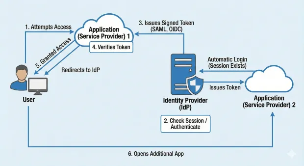 A diagram showing how Single Sign-On (SSO) works, illustrating the flow between the user, service providers, and the identity provider. It highlights steps such as access attempts, redirection, authentication, token issuance, verification, and automatic login across multiple applications