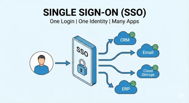 Illustration of Single Sign-On (SSO) showing one user logging in once to access multiple applications through a central SSO system. Connected apps include CRM, Email, Cloud Storage, and ERP, all enabled with a single identity