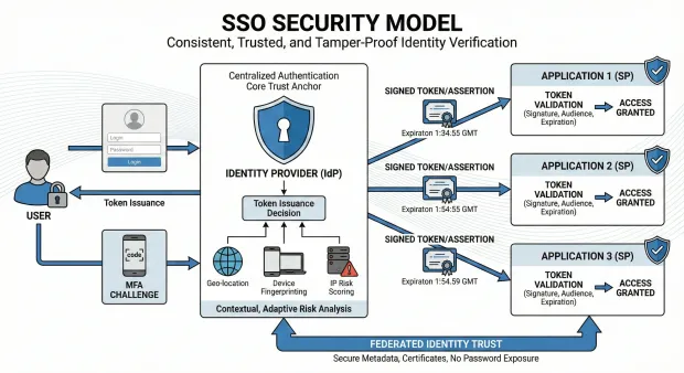 Diagram illustrating an SSO security model where a user authenticates through an Identity Provider, which performs adaptive risk analysis and issues signed tokens to multiple applications. Each application validates the token to grant secure, password-free access