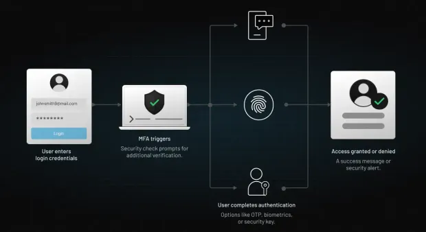 A visual diagram showing a multi-factor authentication (MFA) process: login, MFA prompt, user verification, and final access decision. Icons illustrate steps like credential entry, security checks, authentication (OTP, biometrics), and access granted or denied.