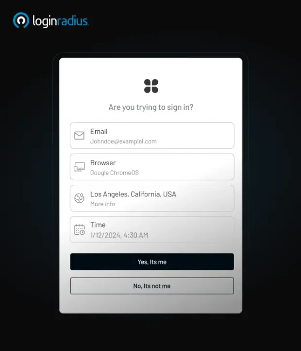A security prompt asking if the user is trying to sign in, showing email, browser, location, and time details. Options include confirming with "Yes, It's me" or denying with "No, It's not me."
