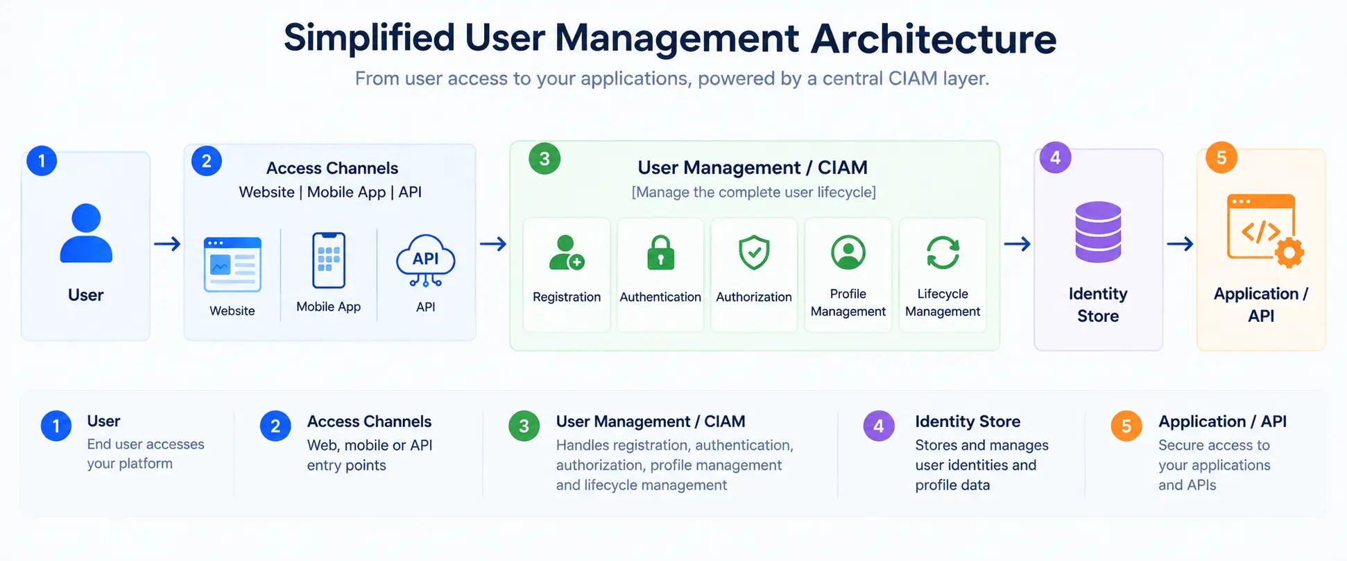 User management architecture showing how users connect through applications and a CIAM layer to identity, authentication, authorization, and APIs.