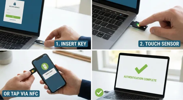 A step-by-step visual showing a YubiKey being inserted into a laptop, the user touching the key’s sensor, or alternatively tapping it on a phone via NFC.