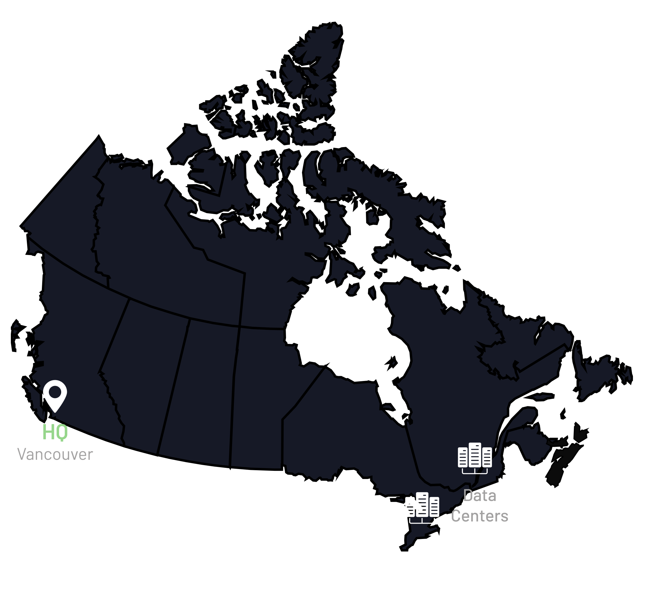 Map of Canada showing LoginRadius HQ and Data Centers