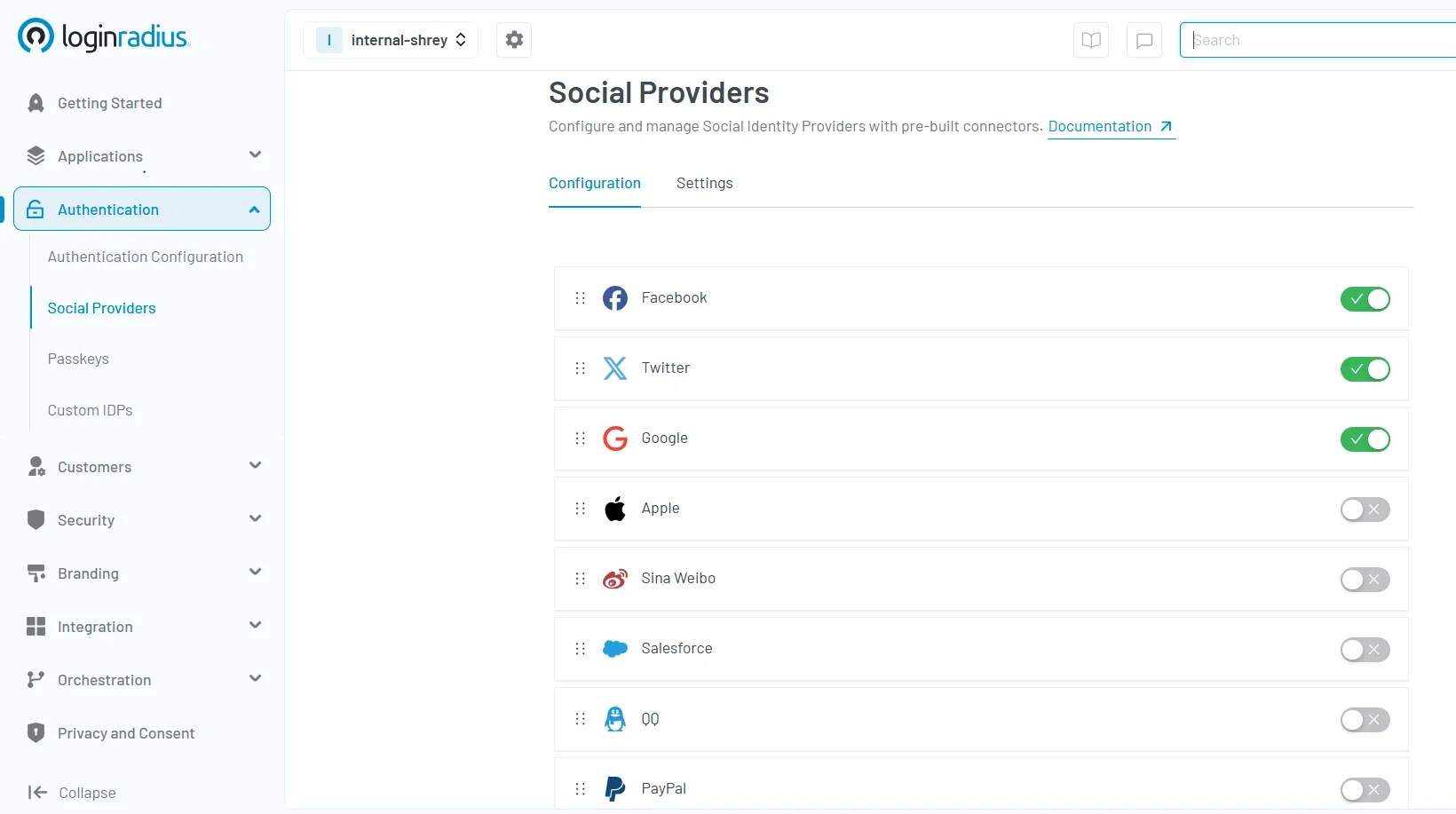 Illustration showing LoginRadius console showing social providers, including facebook, twitter, google, apple, sina weibo, salesforce, qq, paypal configuration.